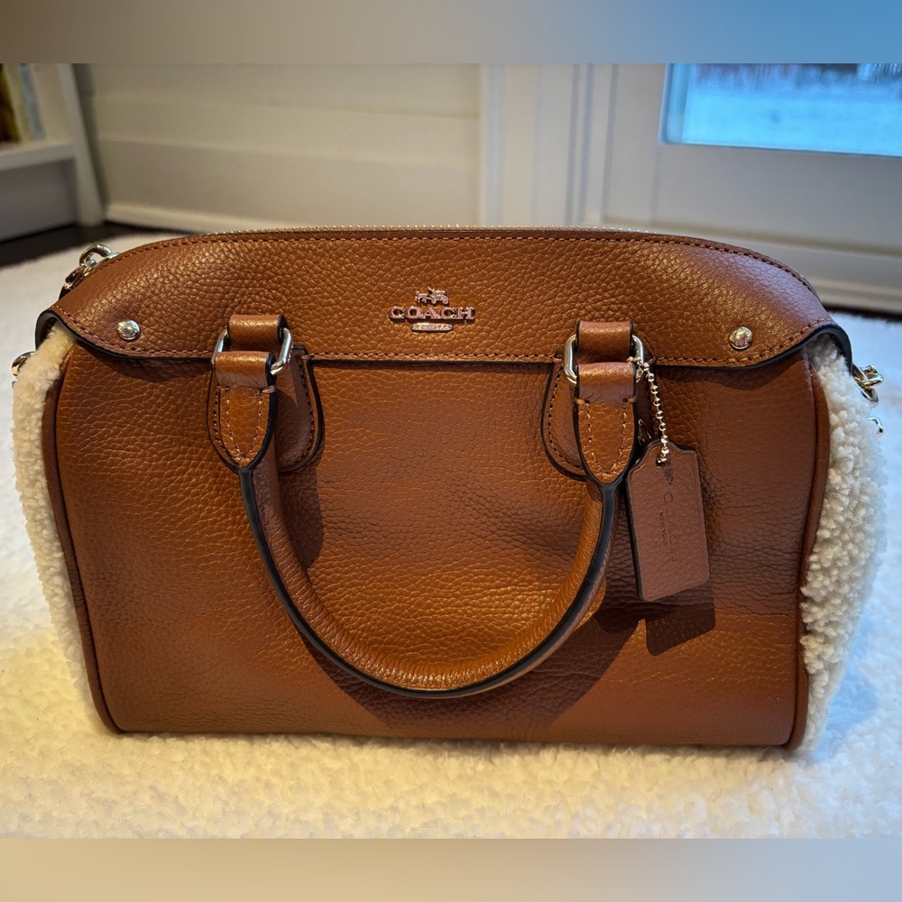 NWT Coach Mini Bennet Satchel brown leather shearling wool - Picture 2 of 7